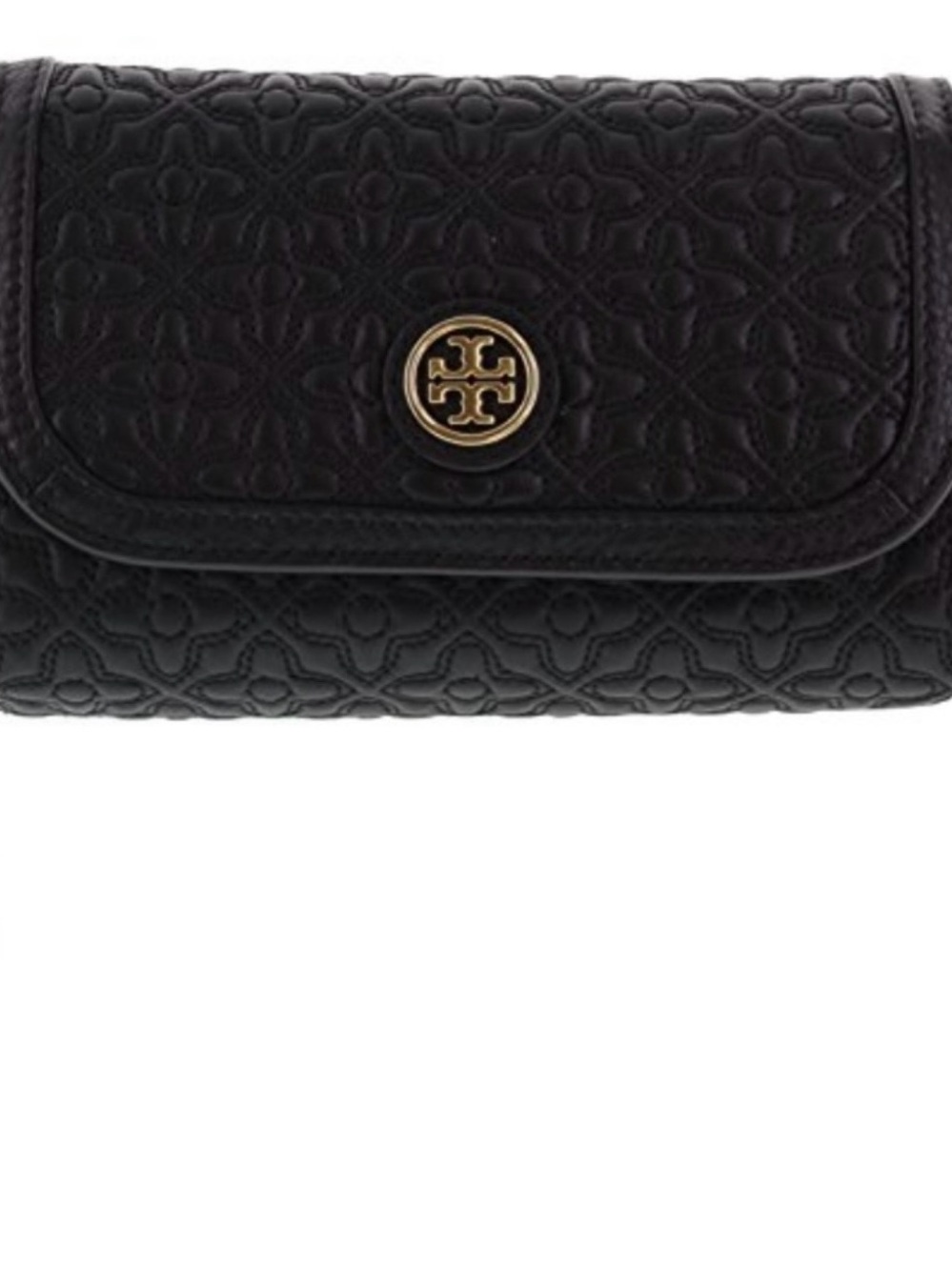 Tory Burch Black Quilted Leather Wallet Clutch with Gold Logo